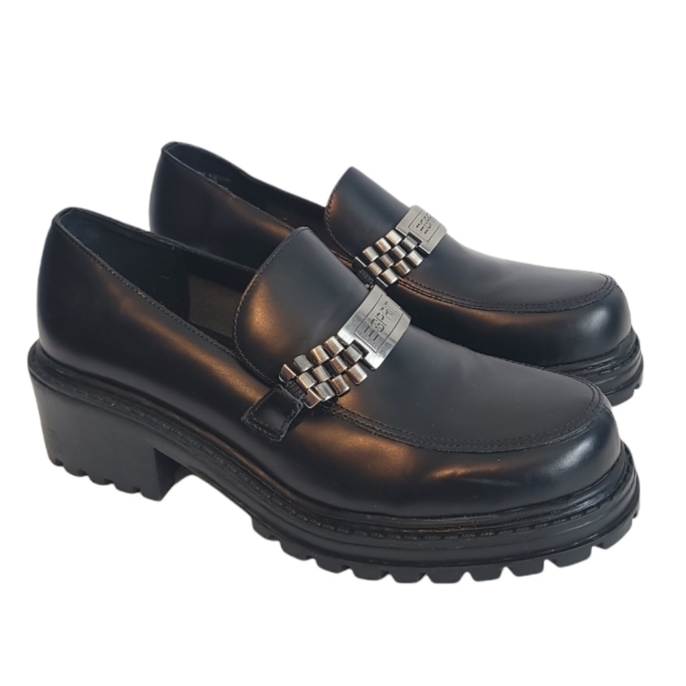 VTG 90s Esprit Chunky Leather Loafers Chain Detail